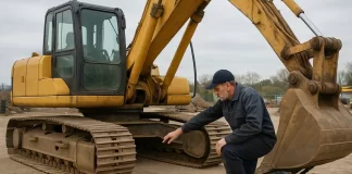 mechanik sprawdza używaną koparkę gąsienicową klasy 20 ton