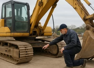 Koparka gąsienicowa klasy 20 ton — co sprawdzić przed zakupem używanej mechanik sprawdza używaną koparkę gąsienicową klasy 20 ton