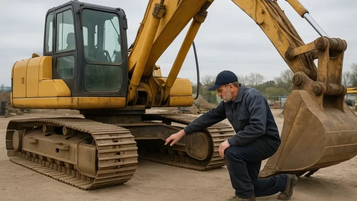 kontrola-uzywanej-koparki-gasienicowej mechanik sprawdza używaną koparkę gąsienicową klasy 20 ton